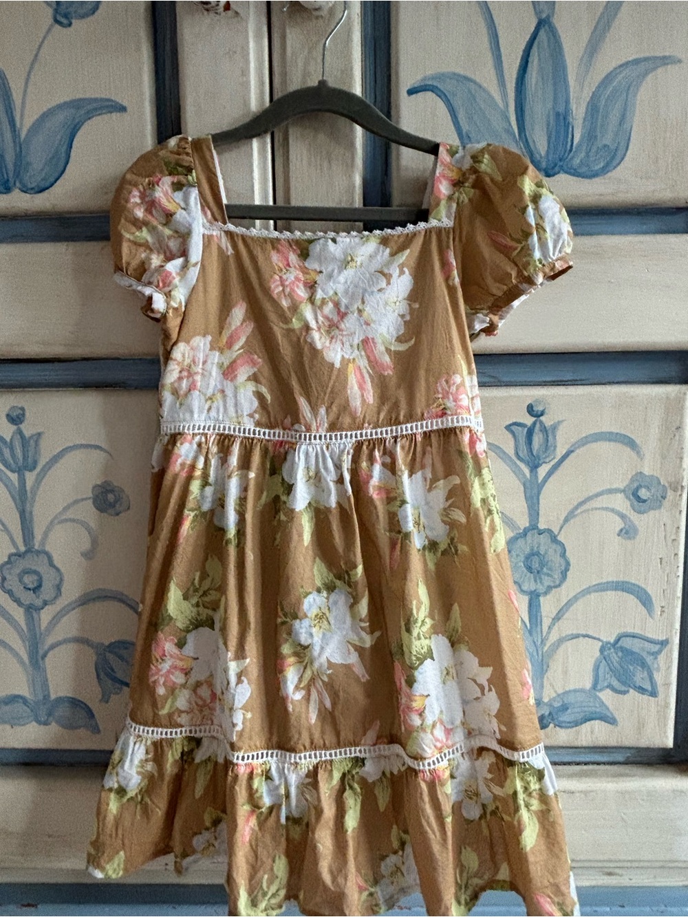 Janie and Jack Tan Floral Puff Sleeve Tiered Dress with Pink and White Blooms